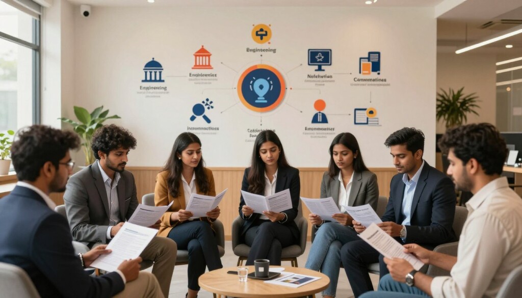 An educational and vibrant scene depicting various career paths for non-medical students in India. In the foreground, a diverse group of Indian students, both male and female, dressed in professional business attire, engaged in a career counseling session, looking at brochures and discussing options. In the middle, a large, visually appealing infographic on a wall, featuring icons representing various career fields such as engineering, architecture, information technology, and business management. The background should have a warm and welcoming atmosphere with soft, natural lighting and a stylish modern office space. Use a wide-angle lens to capture the entire setting, emphasizing collaboration and ambition, and create an overall mood of inspiration and professionalism. An educational and vibrant scene depicting various career paths for non-medical students in India. In the foreground, a diverse group of Indian students, both male and female, dressed in professional business attire, engaged in a career counseling session, looking at brochures and discussing options. In the middle, a large, visually appealing infographic on a wall, featuring icons representing various career fields such as engineering, architecture, information technology, and business management. The background should have a warm and welcoming atmosphere with soft, natural lighting and a stylish modern office space. Use a wide-angle lens to capture the entire setting, emphasizing collaboration and ambition, and create an overall mood of inspiration and professionalism.