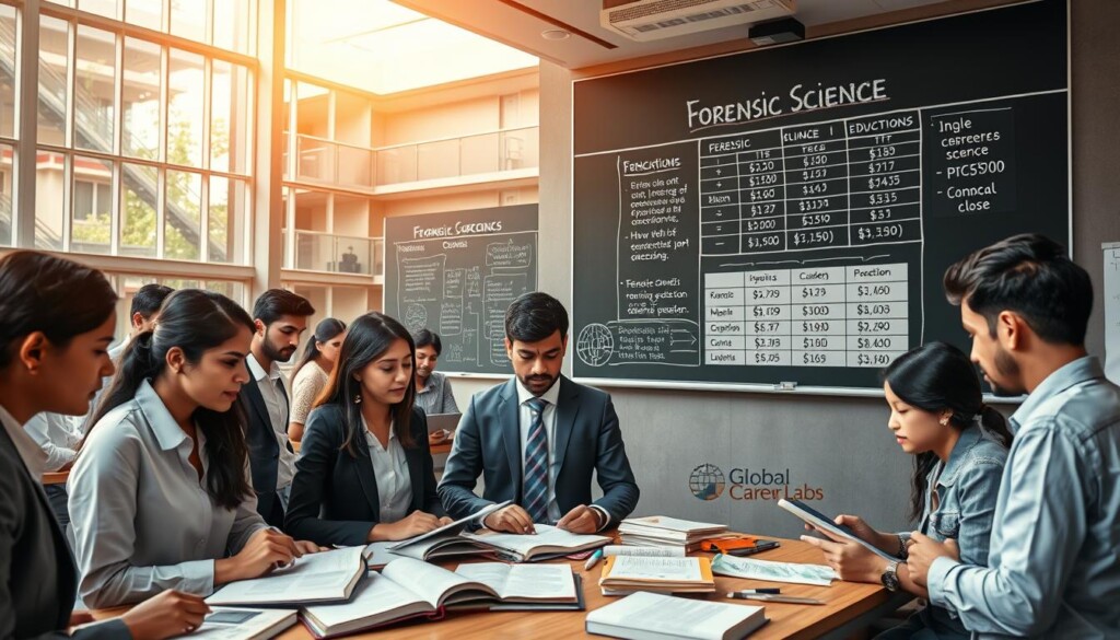 A busy Indian university campus setting, showcasing a modern classroom where students are engaged in forensic science studies. In the foreground, a diverse group of students, wearing professional business attire, collaborate over textbooks and digital devices with forensic science materials clearly visible. The middle ground displays a chalkboard filled with diagrams of forensic techniques and a projector showing a detailed financial planning chart for education costs. In the background, the university’s architecture reflects a blend of traditional and contemporary styles. Warm daylight streams through large windows, creating a focused yet congenial atmosphere. The image embodies a sense of academic pursuit and financial strategy within the field of forensic science. Branding elements subtly include "Global Career Labs" found in a corner of the chalkboard. A busy Indian university campus setting, showcasing a modern classroom where students are engaged in forensic science studies. In the foreground, a diverse group of students, wearing professional business attire, collaborate over textbooks and digital devices with forensic science materials clearly visible. The middle ground displays a chalkboard filled with diagrams of forensic techniques and a projector showing a detailed financial planning chart for education costs. In the background, the university’s architecture reflects a blend of traditional and contemporary styles. Warm daylight streams through large windows, creating a focused yet congenial atmosphere. The image embodies a sense of academic pursuit and financial strategy within the field of forensic science. Branding elements subtly include "Global Career Labs" found in a corner of the chalkboard.