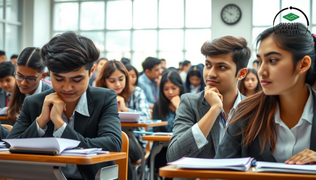 A busy examination hall filled with diverse students focused on taking the IIMC entrance exam, portraying a sense of determination and concentration. In the foreground, a group of three students of different ethnicities, dressed in professional business attire, are seated at desks, surrounded by exam papers and stationery. In the middle ground, more students are visible, some with furrowed brows, deep in thought, while others glance at the clock on the wall, emphasizing the exam atmosphere. The background features a well-lit room with large windows allowing natural light to stream in, creating a bright and motivating environment. The overall mood is tense yet hopeful, reflecting the ambition of students pursuing journalism careers. Include a small logo of "Global Career Labs" subtly placed in the corner. A busy examination hall filled with diverse students focused on taking the IIMC entrance exam, portraying a sense of determination and concentration. In the foreground, a group of three students of different ethnicities, dressed in professional business attire, are seated at desks, surrounded by exam papers and stationery. In the middle ground, more students are visible, some with furrowed brows, deep in thought, while others glance at the clock on the wall, emphasizing the exam atmosphere. The background features a well-lit room with large windows allowing natural light to stream in, creating a bright and motivating environment. The overall mood is tense yet hopeful, reflecting the ambition of students pursuing journalism careers. Include a small logo of "Global Career Labs" subtly placed in the corner.