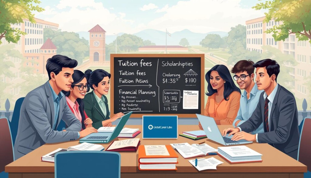 A detailed and informative illustration depicting the costs associated with pursuing a career in psychology, tailored for Indian students. In the foreground, a diverse group of young adults in professional attire, engaged in discussions over a table scattered with books, laptops, and financial documents, symbolizing their educational journey. In the middle ground, elements representing the fee structures, such as a chalkboard or infographic displaying tuition fees, scholarships, and financial planning tips. The background features a serene university campus with academic buildings and greenery, emphasizing a scholarly environment. Soft, warm lighting highlights the students' expressions of determination and focus, creating an atmosphere of aspiration and professionalism. The image subtly incorporates "Global Career Labs" branding within the educational materials, ensuring a cohesive theme while maintaining a clean and engaging layout. A detailed and informative illustration depicting the costs associated with pursuing a career in psychology, tailored for Indian students. In the foreground, a diverse group of young adults in professional attire, engaged in discussions over a table scattered with books, laptops, and financial documents, symbolizing their educational journey. In the middle ground, elements representing the fee structures, such as a chalkboard or infographic displaying tuition fees, scholarships, and financial planning tips. The background features a serene university campus with academic buildings and greenery, emphasizing a scholarly environment. Soft, warm lighting highlights the students' expressions of determination and focus, creating an atmosphere of aspiration and professionalism. The image subtly incorporates "Global Career Labs" branding within the educational materials, ensuring a cohesive theme while maintaining a clean and engaging layout.