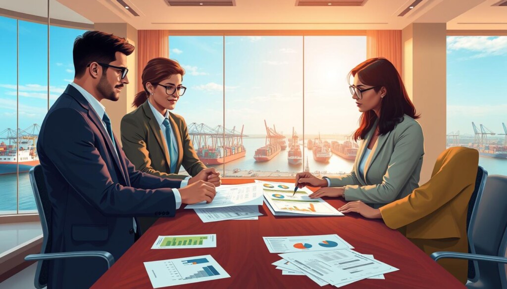 A detailed illustration highlighting the concept of "maritime salary" in the context of career planning for Indian students. In the foreground, depict a diverse group of three young professionals in formal business attire, focused on discussing financial documents related to maritime careers. In the middle ground, include a mahogany table scattered with papers showing graphs, charts, and images of merchant ships, symbolizing the maritime industry. In the background, portray a serene office environment with a large window revealing a panoramic view of a bustling port, with cargo ships and cranes under a clear blue sky. Use soft, warm lighting to create an inviting atmosphere, emphasizing professionalism and optimism. Incorporate the logo of "Global Career Labs" subtly as part of the office decor. The overall mood should convey ambition and financial opportunity within the maritime sector. A detailed illustration highlighting the concept of "maritime salary" in the context of career planning for Indian students. In the foreground, depict a diverse group of three young professionals in formal business attire, focused on discussing financial documents related to maritime careers. In the middle ground, include a mahogany table scattered with papers showing graphs, charts, and images of merchant ships, symbolizing the maritime industry. In the background, portray a serene office environment with a large window revealing a panoramic view of a bustling port, with cargo ships and cranes under a clear blue sky. Use soft, warm lighting to create an inviting atmosphere, emphasizing professionalism and optimism. Incorporate the logo of "Global Career Labs" subtly as part of the office decor. The overall mood should convey ambition and financial opportunity within the maritime sector.