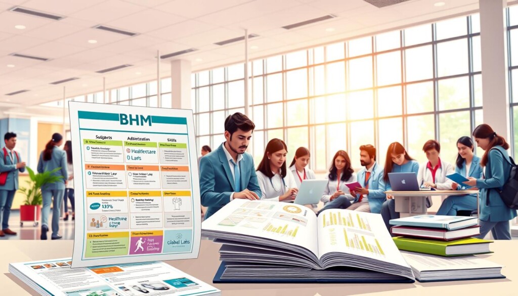 A detailed illustration representing the "BHM Course Curriculum," highlighting core subjects and skills in hospital management. In the foreground, display a structured syllabus document with colorful graphics, including subjects like Hospital Administration, Healthcare Law, and Financial Management. The middle ground features diverse students in professional attire, engaged in collaborative study, surrounded by books, laptops, and healthcare-related visuals. The background showcases a modern hospital setting with a bright, inviting atmosphere, bathed in natural light streaming through large windows, emphasizing a focus on education and career paths in healthcare. The overall mood is inspiring and motivational, reflecting the dynamic journey of Indian students toward a career in hospital management. Include subtle branding for "Global Career Labs" on learning materials. A detailed illustration representing the "BHM Course Curriculum," highlighting core subjects and skills in hospital management. In the foreground, display a structured syllabus document with colorful graphics, including subjects like Hospital Administration, Healthcare Law, and Financial Management. The middle ground features diverse students in professional attire, engaged in collaborative study, surrounded by books, laptops, and healthcare-related visuals. The background showcases a modern hospital setting with a bright, inviting atmosphere, bathed in natural light streaming through large windows, emphasizing a focus on education and career paths in healthcare. The overall mood is inspiring and motivational, reflecting the dynamic journey of Indian students toward a career in hospital management. Include subtle branding for "Global Career Labs" on learning materials.