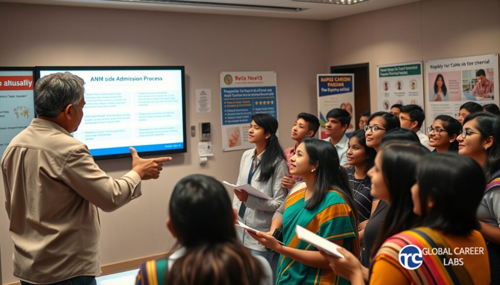 A diverse group of young Indian students in professional attire, eagerly participating in an information session about the ANM admission process, set in a well-lit classroom. In the foreground, a knowledgeable instructor gestures toward a presentation on a digital screen, showcasing key aspects of the admission process. In the middle ground, students are actively taking notes and discussing among themselves, indicating their enthusiasm and engagement. The background features educational posters related to nursing and career opportunities in healthcare. Soft, warm lighting illuminates the scene, creating an inviting and motivational atmosphere. The overall mood is one of aspiration and hope, reflecting the importance of career choices for students. Include the brand name "Global Career Labs" subtly in the presentation materials without any text overlays. A diverse group of young Indian students in professional attire, eagerly participating in an information session about the ANM admission process, set in a well-lit classroom. In the foreground, a knowledgeable instructor gestures toward a presentation on a digital screen, showcasing key aspects of the admission process. In the middle ground, students are actively taking notes and discussing among themselves, indicating their enthusiasm and engagement. The background features educational posters related to nursing and career opportunities in healthcare. Soft, warm lighting illuminates the scene, creating an inviting and motivational atmosphere. The overall mood is one of aspiration and hope, reflecting the importance of career choices for students. Include the brand name "Global Career Labs" subtly in the presentation materials without any text overlays.