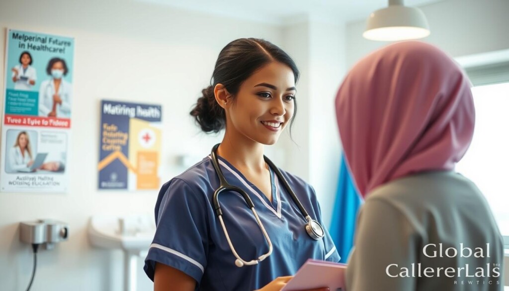 A focused scene depicting an auxiliary nurse midwife in a healthcare setting. In the foreground, a young woman dressed in a professional, modest nursing uniform, engaging with a patient, showcasing empathy and care. The midwife has a stethoscope around her neck and is holding a patient chart, symbolizing her commitment to healthcare. In the middle ground, a well-lit, modern clinic environment with medical equipment and posters about maternal health and nursing education on the walls. The background features a bright window letting in natural light, enhancing the warm, encouraging atmosphere. The image conveys a sense of hope and opportunity for aspiring healthcare professionals. Perfect for students exploring career paths in nursing. The scene aligns with the theme of "Preparing for Your Future in Healthcare," promoting the message of education and career. Global Career Labs branding subtly incorporated. A focused scene depicting an auxiliary nurse midwife in a healthcare setting. In the foreground, a young woman dressed in a professional, modest nursing uniform, engaging with a patient, showcasing empathy and care. The midwife has a stethoscope around her neck and is holding a patient chart, symbolizing her commitment to healthcare. In the middle ground, a well-lit, modern clinic environment with medical equipment and posters about maternal health and nursing education on the walls. The background features a bright window letting in natural light, enhancing the warm, encouraging atmosphere. The image conveys a sense of hope and opportunity for aspiring healthcare professionals. Perfect for students exploring career paths in nursing. The scene aligns with the theme of "Preparing for Your Future in Healthcare," promoting the message of education and career. Global Career Labs branding subtly incorporated.