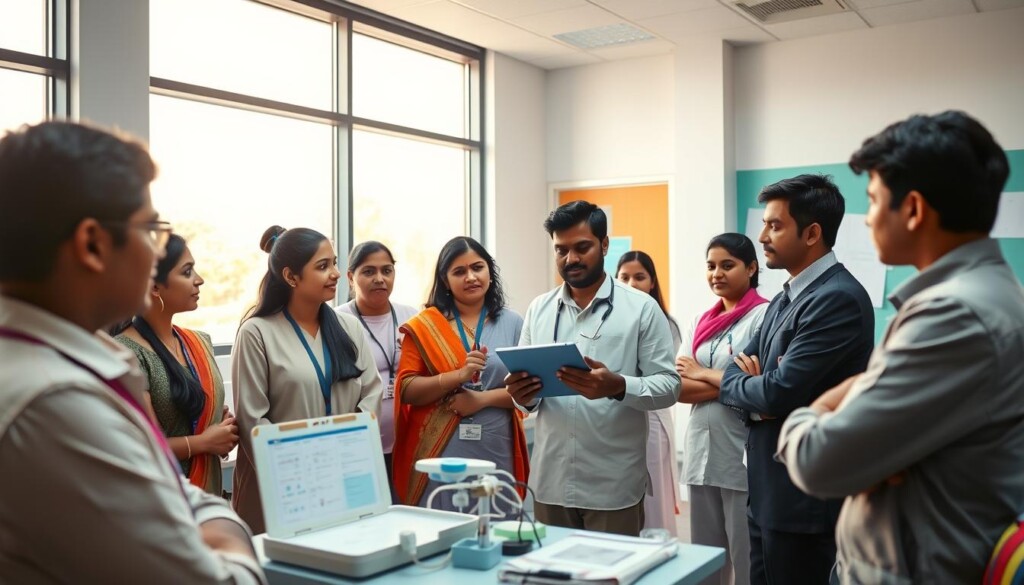 A modern classroom scene in India, showcasing students engaged in a hospital management course, with a focus on internships and practical training. In the foreground, a diverse group of students, both male and female, dressed in professional business attire, attentively gather around a hospital simulation setup with medical equipment and charts. In the middle ground, an instructor explains concepts using a digital tablet, emphasizing interactive learning. The background features a large window with natural light streaming in, casting a warm glow over the room, enhancing the atmosphere of collaboration and learning. The setting embodies a blend of traditional Indian design and modern educational technology, with vibrant colors that signify enthusiasm for healthcare careers. Include elements representing "Global Career Labs" subtly integrated into the environment. A modern classroom scene in India, showcasing students engaged in a hospital management course, with a focus on internships and practical training. In the foreground, a diverse group of students, both male and female, dressed in professional business attire, attentively gather around a hospital simulation setup with medical equipment and charts. In the middle ground, an instructor explains concepts using a digital tablet, emphasizing interactive learning. The background features a large window with natural light streaming in, casting a warm glow over the room, enhancing the atmosphere of collaboration and learning. The setting embodies a blend of traditional Indian design and modern educational technology, with vibrant colors that signify enthusiasm for healthcare careers. Include elements representing "Global Career Labs" subtly integrated into the environment.