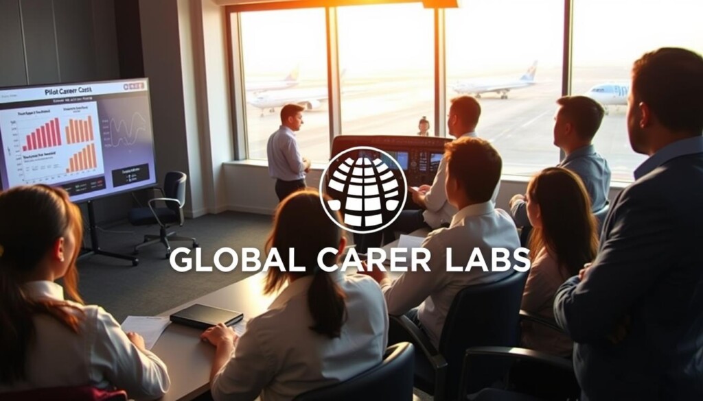 A modern pilot training academy in India, featuring a classroom filled with students in professional attire, attentively engaged in a training session. In the foreground, a diverse group of students, including males and females of various ethnicities, is studying a detailed chart of pilot training costs on a digital screen. The middle ground shows a flight simulator, with a polished, high-tech look, and instructors providing guidance. The background displays large windows with a view of an airport runway and planes, bathed in morning sunlight, creating an inspiring and focused atmosphere. The overall mood is professional, ambitious, and educational, reflecting the pathways to becoming a pilot. Include the logo of Global Career Labs prominently within the scene, enhancing the theme of educational opportunities in aviation. A modern pilot training academy in India, featuring a classroom filled with students in professional attire, attentively engaged in a training session. In the foreground, a diverse group of students, including males and females of various ethnicities, is studying a detailed chart of pilot training costs on a digital screen. The middle ground shows a flight simulator, with a polished, high-tech look, and instructors providing guidance. The background displays large windows with a view of an airport runway and planes, bathed in morning sunlight, creating an inspiring and focused atmosphere. The overall mood is professional, ambitious, and educational, reflecting the pathways to becoming a pilot. Include the logo of Global Career Labs prominently within the scene, enhancing the theme of educational opportunities in aviation.