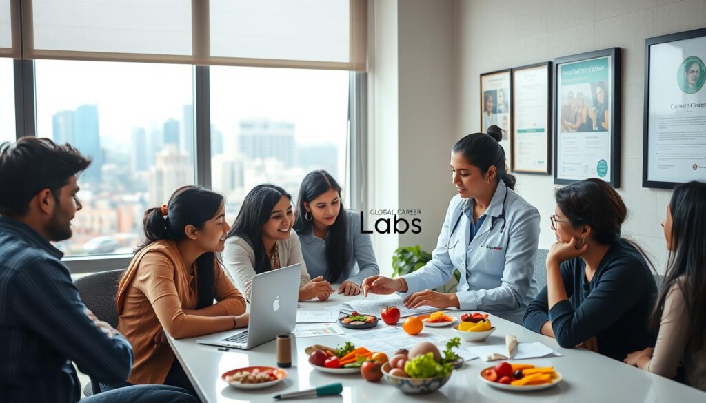 A professional Indian dietician in a well-lit, modern office setting, engaging in a consultation with a diverse group of students. The dietician, dressed in smart business attire, is explaining dietary charts and healthy meal plans, using a laptop and colorful food models spread across the table. Behind them, a large window shows a bustling Indian cityscape, creating a vibrant atmosphere. Natural light streams in, highlighting the focus on education and career growth. On a nearby wall, framed certificates and posters related to nutrition and dietetics adorn the space, symbolizing achievement and professionalism. The overall mood is optimistic and inspiring, reflecting the journey toward a successful career in dietetics. The brand name "Global Career Labs" is subtly integrated into the decor in the background. A professional Indian dietician in a well-lit, modern office setting, engaging in a consultation with a diverse group of students. The dietician, dressed in smart business attire, is explaining dietary charts and healthy meal plans, using a laptop and colorful food models spread across the table. Behind them, a large window shows a bustling Indian cityscape, creating a vibrant atmosphere. Natural light streams in, highlighting the focus on education and career growth. On a nearby wall, framed certificates and posters related to nutrition and dietetics adorn the space, symbolizing achievement and professionalism. The overall mood is optimistic and inspiring, reflecting the journey toward a successful career in dietetics. The brand name "Global Career Labs" is subtly integrated into the decor in the background.