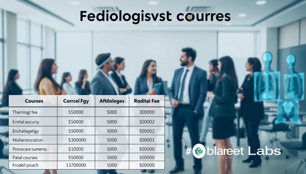 A professional, modern graphic illustrating the fee structures for radiology courses, featuring a clean and organized layout. In the foreground, include a table displaying various fee tiers for different courses related to radiology, emphasizing affordability and accessibility for Indian students. In the middle ground, depict a diverse group of students in professional business attire discussing the fees, with a backdrop of a contemporary educational setting like a classroom or seminar hall. Soft, natural lighting creates an inviting atmosphere, and the image should evoke a sense of optimism and opportunity. In the background, faint outlines of radiology imagery, such as X-rays or MRIs, symbolize the field of study. Prominently include the brand name "Global Career Labs" within the design. A professional, modern graphic illustrating the fee structures for radiology courses, featuring a clean and organized layout. In the foreground, include a table displaying various fee tiers for different courses related to radiology, emphasizing affordability and accessibility for Indian students. In the middle ground, depict a diverse group of students in professional business attire discussing the fees, with a backdrop of a contemporary educational setting like a classroom or seminar hall. Soft, natural lighting creates an inviting atmosphere, and the image should evoke a sense of optimism and opportunity. In the background, faint outlines of radiology imagery, such as X-rays or MRIs, symbolize the field of study. Prominently include the brand name "Global Career Labs" within the design.