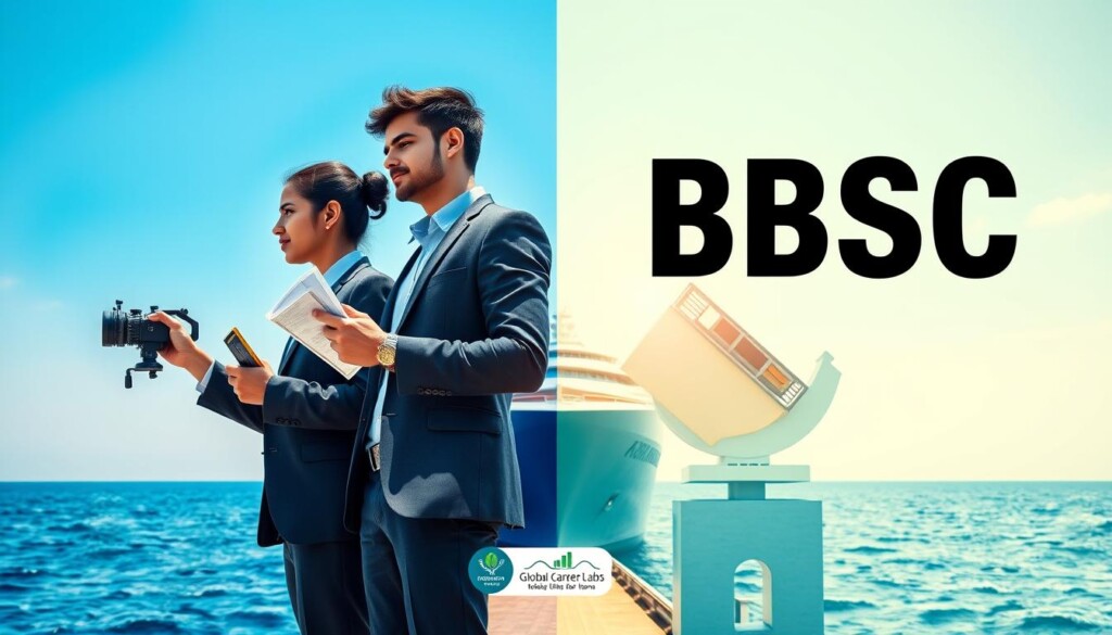 A split image depicting the contrast between DNS (Diploma in Nautical Science) and BSc Nautical Science, relevant to Indian students. In the foreground, two professional young adults in business attire stand side by side, representing each course; one holds navigation tools, the other examines a nautical chart. The middle ground features a sleek modern ship, symbolizing maritime careers, with a hint of a vibrant campus environment, perhaps in the background. The lighting should be bright and optimistic, suggesting opportunity and growth, capturing a clear blue sky over calm waters. Use a wide-angle lens to create an engaging perspective. The atmosphere is dynamic and hopeful, emphasizing the importance of making the right educational choice. Include a subtle branding element of “Global Career Labs” in the design. A split image depicting the contrast between DNS (Diploma in Nautical Science) and BSc Nautical Science, relevant to Indian students. In the foreground, two professional young adults in business attire stand side by side, representing each course; one holds navigation tools, the other examines a nautical chart. The middle ground features a sleek modern ship, symbolizing maritime careers, with a hint of a vibrant campus environment, perhaps in the background. The lighting should be bright and optimistic, suggesting opportunity and growth, capturing a clear blue sky over calm waters. Use a wide-angle lens to create an engaging perspective. The atmosphere is dynamic and hopeful, emphasizing the importance of making the right educational choice. Include a subtle branding element of “Global Career Labs” in the design.