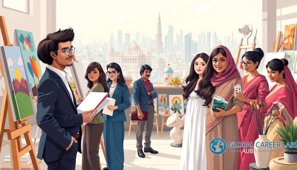 A vibrant and dynamic illustration depicting an artist's career in India, focusing on the creative industry. In the foreground, a diverse group of young adult artists, dressed in professional business attire and modest casual clothing, are engaged in various art forms: painting, sculpting, and digital art creation. In the middle ground, an art studio filled with colorful artwork and tools is visible, signifying education and artistic growth. In the background, a bustling cityscape of India can be seen, representing career opportunities in the creative sector. Soft, natural lighting enhances the mood of inspiration and creativity, with a focus on the energy of artistic collaboration. The overall atmosphere is optimistic and encouraging, perfect for aspiring artists. Include subtle branding elements of "Global Career Labs" throughout the scene.