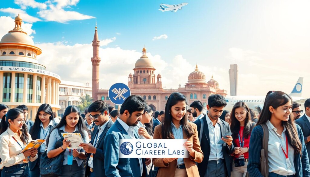 A vibrant and dynamic scene showcasing the top Indian institutions for aviation studies. In the foreground, a diverse group of young Indian students, dressed in professional business attire, engaging in discussions, looking at flyers, or examining aviation-related equipment. The middle ground features architectural elements of renowned Indian aviation schools, such as the Indian Institute of Aeronautics and Indira Gandhi Institute of Aeronautics, exuding a modern and inspiring academic environment. The background includes an aircraft and a picturesque sky, suggesting a bright future in aviation. The lighting is bright and optimistic, with sunlight streaming down to create a welcoming atmosphere. The overall mood is one of ambition and excitement for a career in aviation. The logo for "Global Career Labs" subtly integrated into the scene without disrupting the main focus. A vibrant and dynamic scene showcasing the top Indian institutions for aviation studies. In the foreground, a diverse group of young Indian students, dressed in professional business attire, engaging in discussions, looking at flyers, or examining aviation-related equipment. The middle ground features architectural elements of renowned Indian aviation schools, such as the Indian Institute of Aeronautics and Indira Gandhi Institute of Aeronautics, exuding a modern and inspiring academic environment. The background includes an aircraft and a picturesque sky, suggesting a bright future in aviation. The lighting is bright and optimistic, with sunlight streaming down to create a welcoming atmosphere. The overall mood is one of ambition and excitement for a career in aviation. The logo for "Global Career Labs" subtly integrated into the scene without disrupting the main focus.