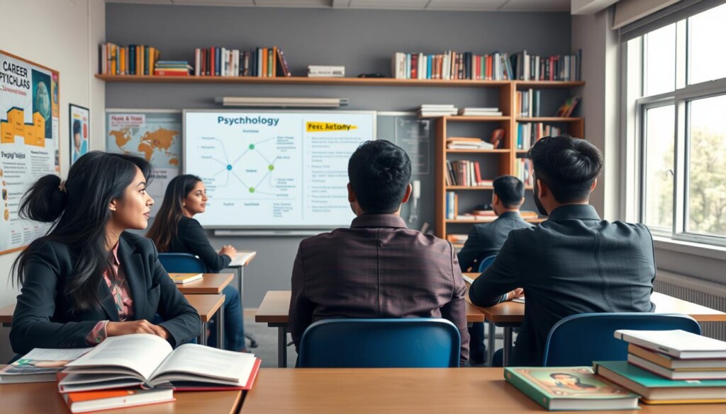 A vibrant and engaging classroom scene depicting Indian students engaging with psychology material after 10th grade. In the foreground, a diverse group of five students, dressed in professional business attire, are seated at desks, surrounded by books on psychology and educational posters related to career paths. The middle ground features an interactive whiteboard displaying diagrams and key concepts of psychology, while a knowledgeable teacher guides the discussion. The background shows shelves filled with educational resources, creating a warm learning environment. Soft, natural lighting filters in through large windows, enhancing the inspirational mood. The image conveys the excitement of learning and exploring psychology as a future career, integrating the brand name "Global Career Labs" subtly through visual elements in the classroom. A vibrant and engaging classroom scene depicting Indian students engaging with psychology material after 10th grade. In the foreground, a diverse group of five students, dressed in professional business attire, are seated at desks, surrounded by books on psychology and educational posters related to career paths. The middle ground features an interactive whiteboard displaying diagrams and key concepts of psychology, while a knowledgeable teacher guides the discussion. The background shows shelves filled with educational resources, creating a warm learning environment. Soft, natural lighting filters in through large windows, enhancing the inspirational mood. The image conveys the excitement of learning and exploring psychology as a future career, integrating the brand name "Global Career Labs" subtly through visual elements in the classroom.