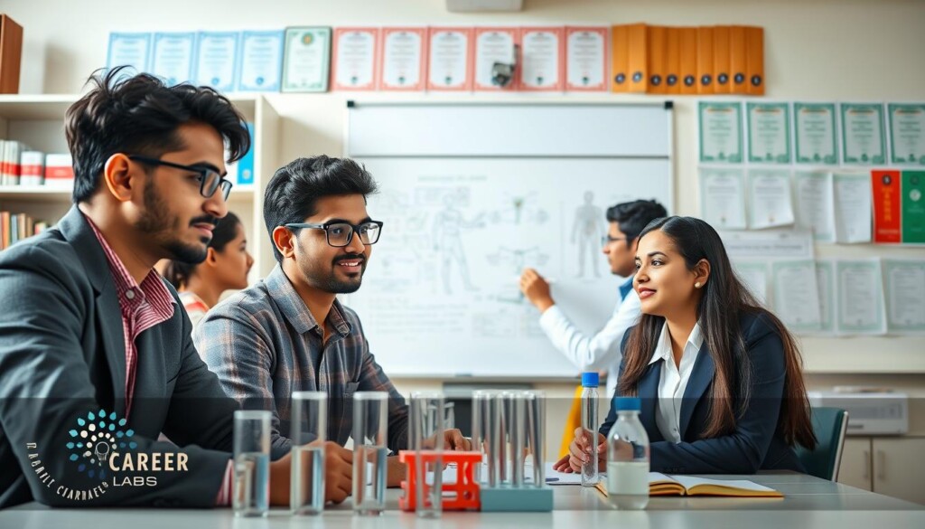 A vibrant and engaging classroom scene depicting a diverse group of young Indian students engaged in a DMLT (Diploma in Medical Lab Technology) course. In the foreground, two students, a male and a female, clad in professional business attire, are attentively working together on a lab experiment, with lab equipment and test tubes surrounding them. In the middle, a knowledgeable instructor is explaining concepts with a whiteboard filled with diagrams of human anatomy and laboratory procedures. The background features shelves lined with medical textbooks and certifications related to paramedical courses. The atmosphere is one of enthusiasm and focus, illuminated by bright, natural lighting that creates a warm and inviting educational environment. A logo of "Global Career Labs" is subtly integrated into the scene, enhancing the professional theme without overwhelming the image.
