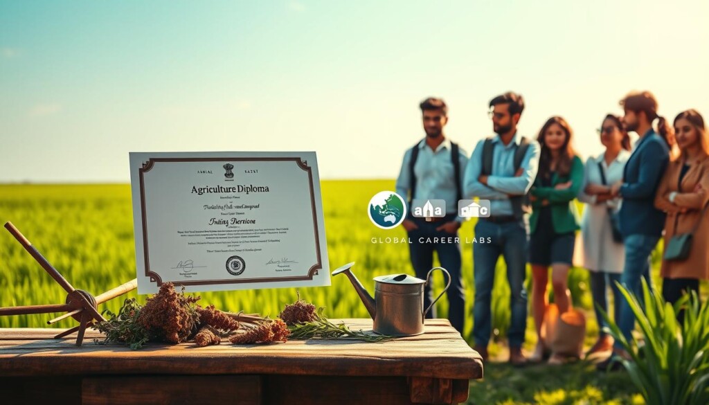 A vibrant and engaging scene depicting an Indian agriculture diploma certificate prominently displayed on a rustic wooden desk surrounded by farming tools like a plough and a watering can. In the background, a lush green field under a clear blue sky symbolizes growth and opportunity. Soft, natural sunlight filters through the scene, casting a warm glow and creating an inviting atmosphere. To the right, a diverse group of young Indian students in smart casual attire, discussing their academic paths, reflect determination and ambition. The logo of "Global Career Labs" subtly placed within the composition adds a professional touch. The entire setup is designed to inspire and convey the significance of agriculture education and career options available for students.