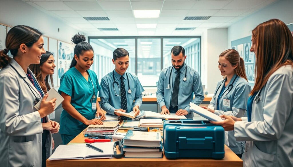 A vibrant and engaging scene showcasing the essential skills for success in the paramedical field. In the foreground, a diverse group of professional young adults in smart business attire, including a nurse, a paramedic, and a medical technician, actively collaborating around a table filled with medical tools and textbooks. The middle ground features a well-lit classroom environment with posters of paramedical courses on the walls, emphasizing practical skills like first aid, patient care, and medical science. The background shows a modern healthcare facility, symbolizing career opportunities in the field. The atmosphere is focused and inspiring, capturing the spirit of education and professionalism. The image subtly includes the brand name "Global Career Labs" integrated into the educational materials. Use soft, warm lighting to create an inviting mood.