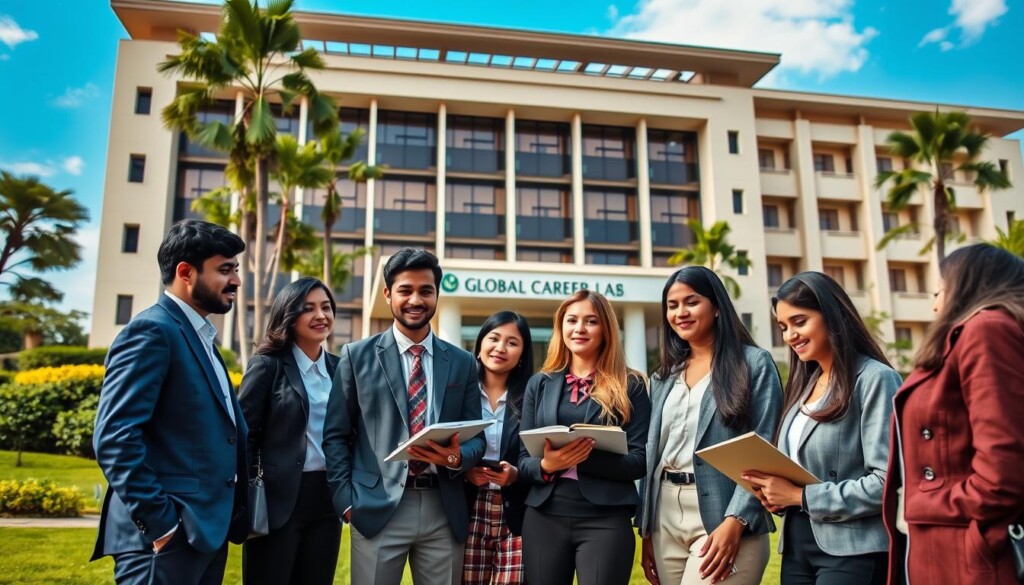 A vibrant and inspiring image showcasing the premier hotel management colleges in India. In the foreground, a diverse group of students dressed in professional business attire, representing a mix of genders and ethnicities, engaged in a collaborative study session. The middle ground features a modern college building with elegant architecture, symbolizing education and hospitality excellence. In the background, lush green landscaping and a clear blue sky enhance the atmosphere of growth and opportunity. Soft, natural lighting casts an inviting glow, emphasizing a sense of ambition and professionalism. Capture this scene with a wide-angle lens to create depth and focus. Include subtle branding elements of "Global Career Labs" integrated into the architecture.