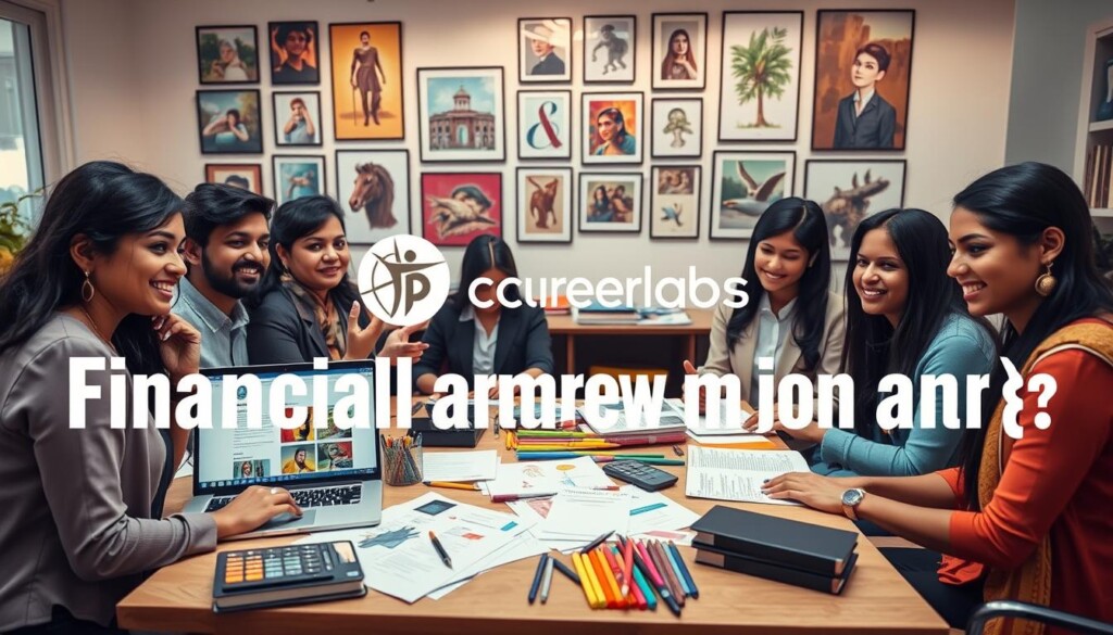 A vibrant and inspiring study environment showcasing the theme of financial planning for arts education. In the foreground, a diverse group of Indian students, dressed in professional business attire, is engaged in a discussion around a table covered with art supplies, financial documents, and a laptop displaying a BFA admission site. In the middle ground, items like sketchbooks, financial calculators, and colorful art materials symbolize the intersection of art and finance. The background features a wall adorned with framed artwork from students, creating an atmosphere of creativity and ambition. Soft, warm lighting enhances the mood, giving it a hopeful and focused feel. Capture this scene from a slightly elevated angle, seamlessly integrating the brand "Global Career Labs" into the visual narrative to emphasize the importance of planning for a successful art education.