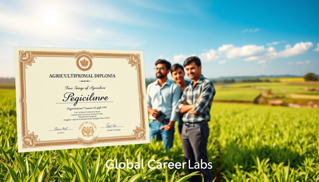 A vibrant and inviting agricultural diploma certificate set against a backdrop of lush green fields in rural India. In the foreground, a well-designed diploma featuring intricate borders and a prominent emblem symbolizing agricultural education. The middle layer includes a diverse group of four Indian students, all in professional attire, engaged in a discussion about their future in agriculture. They represent different backgrounds, showcasing unity and collaboration. The background depicts an expansive farm landscape with crops, a clear blue sky, and a distant silhouette of a farming village, symbolizing the potential of agricultural careers. The lighting is warm and natural, creating an uplifting atmosphere that conveys hope and opportunity. The image prominently features the brand name "Global Career Labs" at the bottom, merging education and career themes relevant to Indian students.