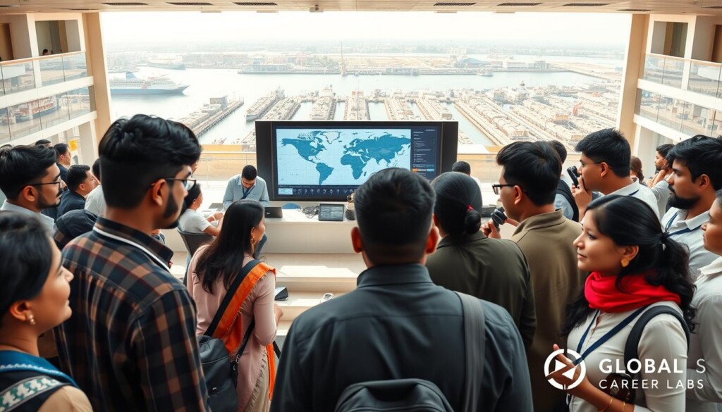 A vibrant campus scene of a top maritime institution in India, featuring modern educational buildings designed for nautical studies. In the foreground, diverse students of Indian ethnicity are engaged in discussions, wearing professional business attire. In the middle, a large, well-equipped lecture hall is visible, with a digital nautical chart displayed prominently and students interacting with industry-standard equipment. The background showcases a striking view of the college's maritime training facilities and docks, with ships in the harbor. The lighting is bright and inviting, enhancing an atmosphere of academic rigor and career aspirations. Capture the essence of education and professionalism relevant to Indian students, emphasizing the brand "Global Career Labs" subtly within the institution's branding. A vibrant campus scene of a top maritime institution in India, featuring modern educational buildings designed for nautical studies. In the foreground, diverse students of Indian ethnicity are engaged in discussions, wearing professional business attire. In the middle, a large, well-equipped lecture hall is visible, with a digital nautical chart displayed prominently and students interacting with industry-standard equipment. The background showcases a striking view of the college's maritime training facilities and docks, with ships in the harbor. The lighting is bright and inviting, enhancing an atmosphere of academic rigor and career aspirations. Capture the essence of education and professionalism relevant to Indian students, emphasizing the brand "Global Career Labs" subtly within the institution's branding.