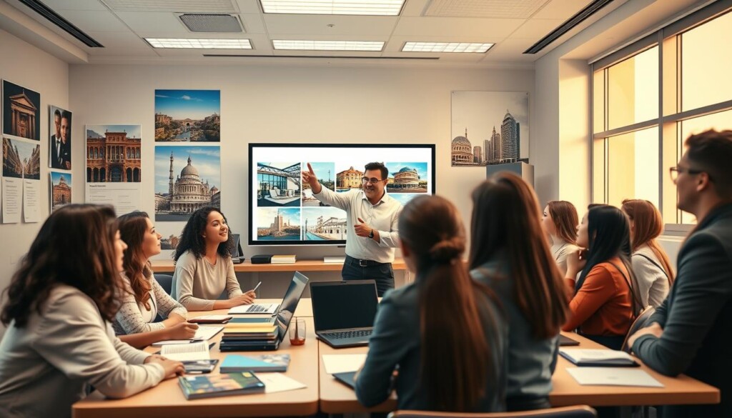 A vibrant classroom scene showcasing a professional hotel management training session. In the foreground, a diverse group of enthusiastic students, dressed in smart casual attire, engages in a lively discussion around a table filled with hospitality materials, like brochures and laptops. In the middle, an instructor stands with an animated expression, pointing to visuals of luxury hotels on a digital screen, highlighting various hotel management courses. The background features a well-organized classroom adorned with posters of famous hotels and hospitality icons, illuminated by warm, natural light streaming through large windows. The atmosphere is dynamic and professional, reflecting a promising future in hotel management. Include the branding of "Global Career Labs" subtly in the scene, giving it a polished and educational feel.