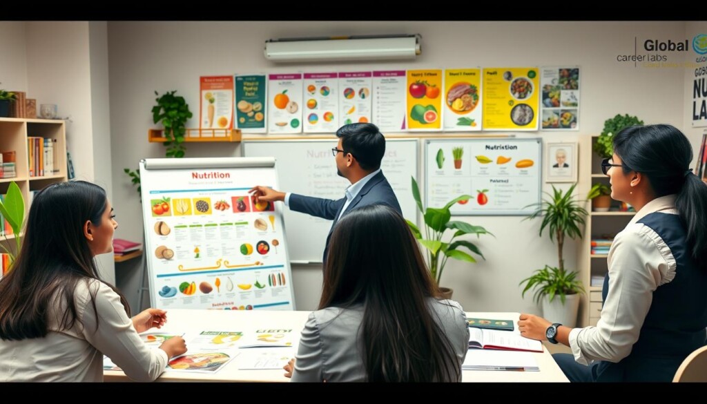 A vibrant classroom setting filled with enthusiastic Indian students engaged in a nutrition course. In the foreground, a diverse group of three students, dressed in professional business attire, collaboratively review colorful nutrition charts and study materials on a table. The middle ground features an instructor pointing to a large, informative poster of various food groups and balanced diets on a whiteboard. The background showcases a well-organized classroom with educational posters on nutrition, shelves of textbooks, and plants for a lively atmosphere. Soft, natural lighting illuminates the scene, creating an inviting study environment. A subtle brand logo for "Global Career Labs" is discreetly placed on a corner of a bulletin board. The overall mood is focused and inspiring, perfect for engaging aspiring nutritionists. A vibrant classroom setting filled with enthusiastic Indian students engaged in a nutrition course. In the foreground, a diverse group of three students, dressed in professional business attire, collaboratively review colorful nutrition charts and study materials on a table. The middle ground features an instructor pointing to a large, informative poster of various food groups and balanced diets on a whiteboard. The background showcases a well-organized classroom with educational posters on nutrition, shelves of textbooks, and plants for a lively atmosphere. Soft, natural lighting illuminates the scene, creating an inviting study environment. A subtle brand logo for "Global Career Labs" is discreetly placed on a corner of a bulletin board. The overall mood is focused and inspiring, perfect for engaging aspiring nutritionists.