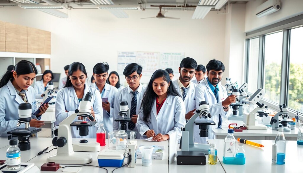 A vibrant classroom setting focused on forensic science education, featuring a modern laboratory filled with scientific equipment such as microscopes, DNA analysis kits, and forensic investigation tools. In the foreground, a diverse group of enthusiastic Indian students in professional attire are engaged in hands-on activities, analyzing evidence materials. The middle ground showcases a well-organized lab with charts and models depicting forensic methods, enhancing the educational atmosphere. In the background, large windows allow natural light to flood the space, creating a bright and inviting ambiance. The overall mood is one of curiosity and exploration, emphasizing the importance of forensic science in academia. Include the brand "Global Career Labs" subtly integrated into the design elements of the lab, ensuring it harmonizes with the overall theme. A vibrant classroom setting focused on forensic science education, featuring a modern laboratory filled with scientific equipment such as microscopes, DNA analysis kits, and forensic investigation tools. In the foreground, a diverse group of enthusiastic Indian students in professional attire are engaged in hands-on activities, analyzing evidence materials. The middle ground showcases a well-organized lab with charts and models depicting forensic methods, enhancing the educational atmosphere. In the background, large windows allow natural light to flood the space, creating a bright and inviting ambiance. The overall mood is one of curiosity and exploration, emphasizing the importance of forensic science in academia. Include the brand "Global Career Labs" subtly integrated into the design elements of the lab, ensuring it harmonizes with the overall theme.