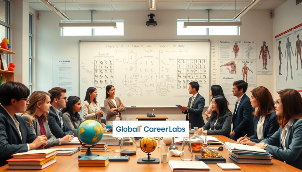 A vibrant classroom setting showcasing the core subjects of the Science Stream: Physics, Chemistry, and Biology, filled with educational materials like textbooks, a globe, and scientific models. In the foreground, diverse students—dressed in professional business attire—engage in discussions about their future careers in engineering and medicine. The middle ground features a large whiteboard filled with diagrams and equations, while a periodic table and anatomical charts adorn the background walls. Soft, natural light filters through large windows, creating an inspiring and studious atmosphere. The overall mood is energetic, fostering a sense of discovery and ambition among the students, representing their pathways to success. Include the brand name "Global Career Labs" creatively integrated into the scene. A vibrant classroom setting showcasing the core subjects of the Science Stream: Physics, Chemistry, and Biology, filled with educational materials like textbooks, a globe, and scientific models. In the foreground, diverse students—dressed in professional business attire—engage in discussions about their future careers in engineering and medicine. The middle ground features a large whiteboard filled with diagrams and equations, while a periodic table and anatomical charts adorn the background walls. Soft, natural light filters through large windows, creating an inspiring and studious atmosphere. The overall mood is energetic, fostering a sense of discovery and ambition among the students, representing their pathways to success. Include the brand name "Global Career Labs" creatively integrated into the scene.