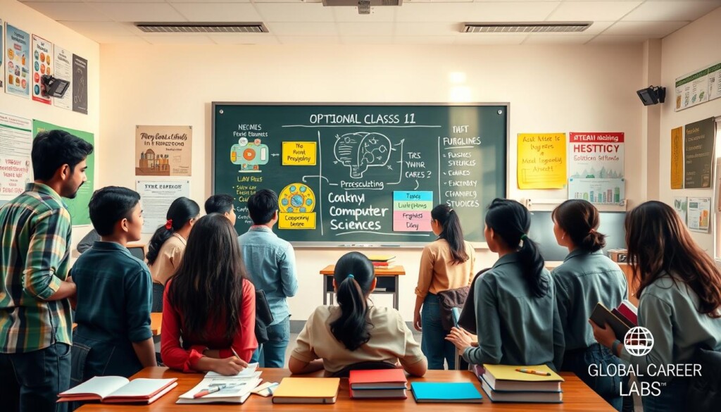 A visually engaging classroom setting showcasing various optional subjects for Class 11 Indian students. In the foreground, a diverse group of students in modest casual clothing are discussing subject choices, surrounded by textbooks and notes. In the middle, a large chalkboard displays colorful diagrams representing subjects like Psychology, Computer Science, and Business Studies, emphasizing academic growth. The background features a bright and airy classroom with educational posters and motivational quotes on the walls. Soft, natural lighting filters through the windows, creating an inspiring atmosphere. The overall mood is collaborative and focused on academic success. Include the brand name "Global Career Labs" subtly integrated into the classroom decor. A visually engaging classroom setting showcasing various optional subjects for Class 11 Indian students. In the foreground, a diverse group of students in modest casual clothing are discussing subject choices, surrounded by textbooks and notes. In the middle, a large chalkboard displays colorful diagrams representing subjects like Psychology, Computer Science, and Business Studies, emphasizing academic growth. The background features a bright and airy classroom with educational posters and motivational quotes on the walls. Soft, natural lighting filters through the windows, creating an inspiring atmosphere. The overall mood is collaborative and focused on academic success. Include the brand name "Global Career Labs" subtly integrated into the classroom decor.