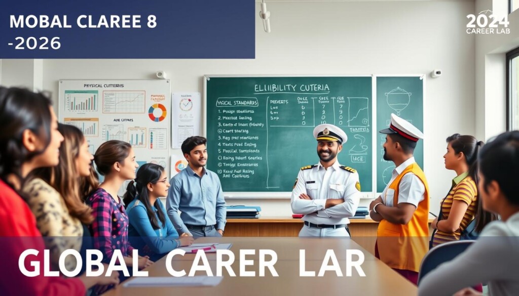 A visually engaging educational scene depicting the eligibility criteria for GP Rating courses in India for 2026. In the foreground, a diverse group of Indian students, dressed in smart casual attire, are actively discussing their aspirations in a bright classroom environment. They are surrounded by charts and infographics related to physical standards and age requirements, symbolizing the GP Rating course's eligibility criteria. In the middle ground, a large chalkboard displays key points, while a successful merchant navy officer, dressed in a crisp uniform, gestures confidently to emphasize the importance of meeting the physical standards. The background features windows letting in natural light, creating an inspiring atmosphere filled with determination. The composition conveys a mood of ambition and clarity, aligning with the educational theme of "Global Career Labs." A visually engaging educational scene depicting the eligibility criteria for GP Rating courses in India for 2026. In the foreground, a diverse group of Indian students, dressed in smart casual attire, are actively discussing their aspirations in a bright classroom environment. They are surrounded by charts and infographics related to physical standards and age requirements, symbolizing the GP Rating course's eligibility criteria. In the middle ground, a large chalkboard displays key points, while a successful merchant navy officer, dressed in a crisp uniform, gestures confidently to emphasize the importance of meeting the physical standards. The background features windows letting in natural light, creating an inspiring atmosphere filled with determination. The composition conveys a mood of ambition and clarity, aligning with the educational theme of "Global Career Labs."