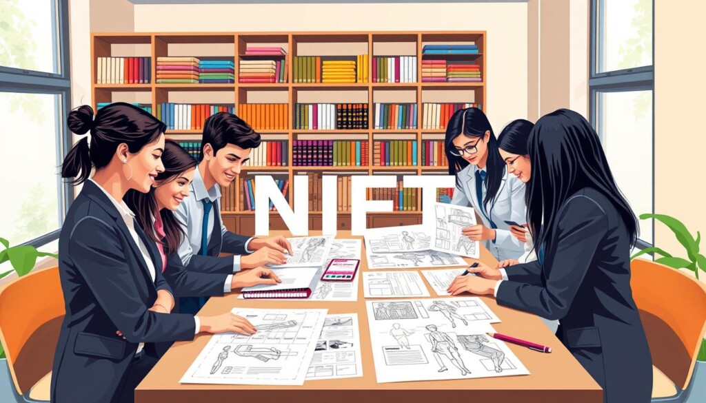 A visually engaging illustration of the NIFT entrance exam pattern, showcasing a study environment tailored for aspiring fashion designers. In the foreground, a diverse group of students, dressed in professional business attire, is actively engaged in studying together around a table filled with design materials and examination papers. The middle ground features examination papers with intricate design prompts, colorful sketches, and creative brainstorming outlines. The background presents an academic setting with shelves filled with fashion design books and vibrant fabric swatches. Natural light filters in through large windows, creating an inviting and focused atmosphere. The overall mood is one of enthusiasm and ambition, capturing the spirit of education and career development for Indian students. Include the brand name "Global Career Labs" subtly integrated into the scene, reflecting a commitment to guiding students in their academic journey. A visually engaging illustration of the NIFT entrance exam pattern, showcasing a study environment tailored for aspiring fashion designers. In the foreground, a diverse group of students, dressed in professional business attire, is actively engaged in studying together around a table filled with design materials and examination papers. The middle ground features examination papers with intricate design prompts, colorful sketches, and creative brainstorming outlines. The background presents an academic setting with shelves filled with fashion design books and vibrant fabric swatches. Natural light filters in through large windows, creating an inviting and focused atmosphere. The overall mood is one of enthusiasm and ambition, capturing the spirit of education and career development for Indian students. Include the brand name "Global Career Labs" subtly integrated into the scene, reflecting a commitment to guiding students in their academic journey.