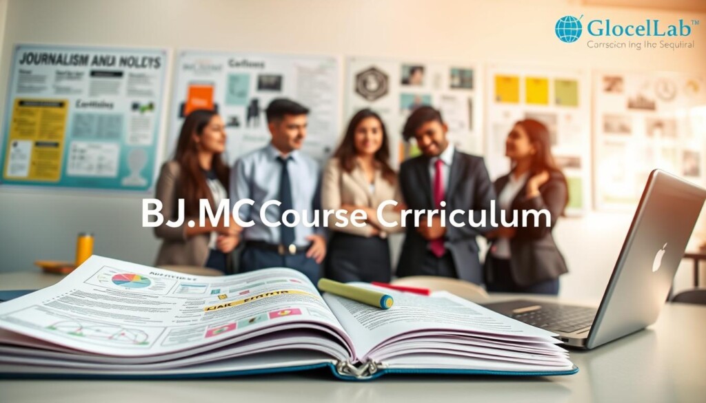 A visually engaging representation of a "BJMC Course Curriculum" designed specifically for an audience of Indian students. In the foreground, feature a neatly organized open notebook with detailed notes and colorful diagrams related to journalism and mass communication, laid on a desk adorned with a laptop, pens, and highlighters. In the middle, add a diverse group of three students in professional business attire, enthusiastically discussing the curriculum together. The background should showcase a bright, modern classroom environment with educational posters about journalism principles and media ethics on the walls. The lighting should be warm and inviting, highlighting the collaborative atmosphere. Include the brand name "Global Career Labs" subtly integrated into the scene. A visually engaging representation of a "BJMC Course Curriculum" designed specifically for an audience of Indian students. In the foreground, feature a neatly organized open notebook with detailed notes and colorful diagrams related to journalism and mass communication, laid on a desk adorned with a laptop, pens, and highlighters. In the middle, add a diverse group of three students in professional business attire, enthusiastically discussing the curriculum together. The background should showcase a bright, modern classroom environment with educational posters about journalism principles and media ethics on the walls. The lighting should be warm and inviting, highlighting the collaborative atmosphere. Include the brand name "Global Career Labs" subtly integrated into the scene.
