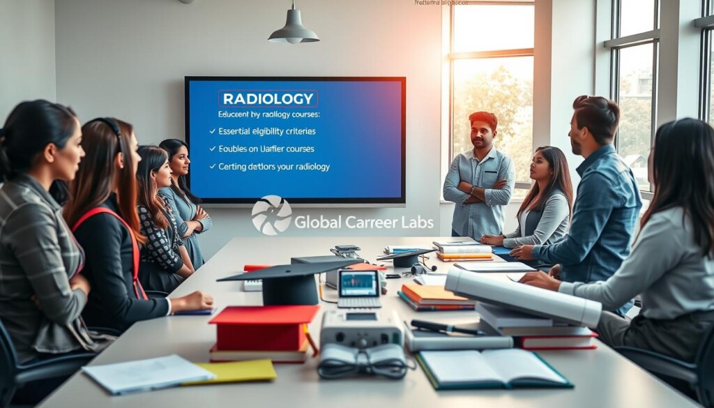 An informative scene depicting a modern classroom setting focused on radiology education, featuring a diverse group of Indian students dressed in professional attire, attentively listening to a knowledgeable instructor. The foreground showcases a digital screen displaying essential eligibility criteria for radiology courses, with academic symbols like books and graduation caps. The middle of the composition includes a table filled with radiology equipment and study materials, symbolizing the technical aspects of the field. In the background, sunlight filters through large windows, creating a warm, encouraging atmosphere that promotes learning and opportunities. The image embodies education and career themes, with an inviting mood, emphasizing the idea of students preparing for their future in radiology. Include the brand name "Global Career Labs" prominently in the composition. An informative scene depicting a modern classroom setting focused on radiology education, featuring a diverse group of Indian students dressed in professional attire, attentively listening to a knowledgeable instructor. The foreground showcases a digital screen displaying essential eligibility criteria for radiology courses, with academic symbols like books and graduation caps. The middle of the composition includes a table filled with radiology equipment and study materials, symbolizing the technical aspects of the field. In the background, sunlight filters through large windows, creating a warm, encouraging atmosphere that promotes learning and opportunities. The image embodies education and career themes, with an inviting mood, emphasizing the idea of students preparing for their future in radiology. Include the brand name "Global Career Labs" prominently in the composition.